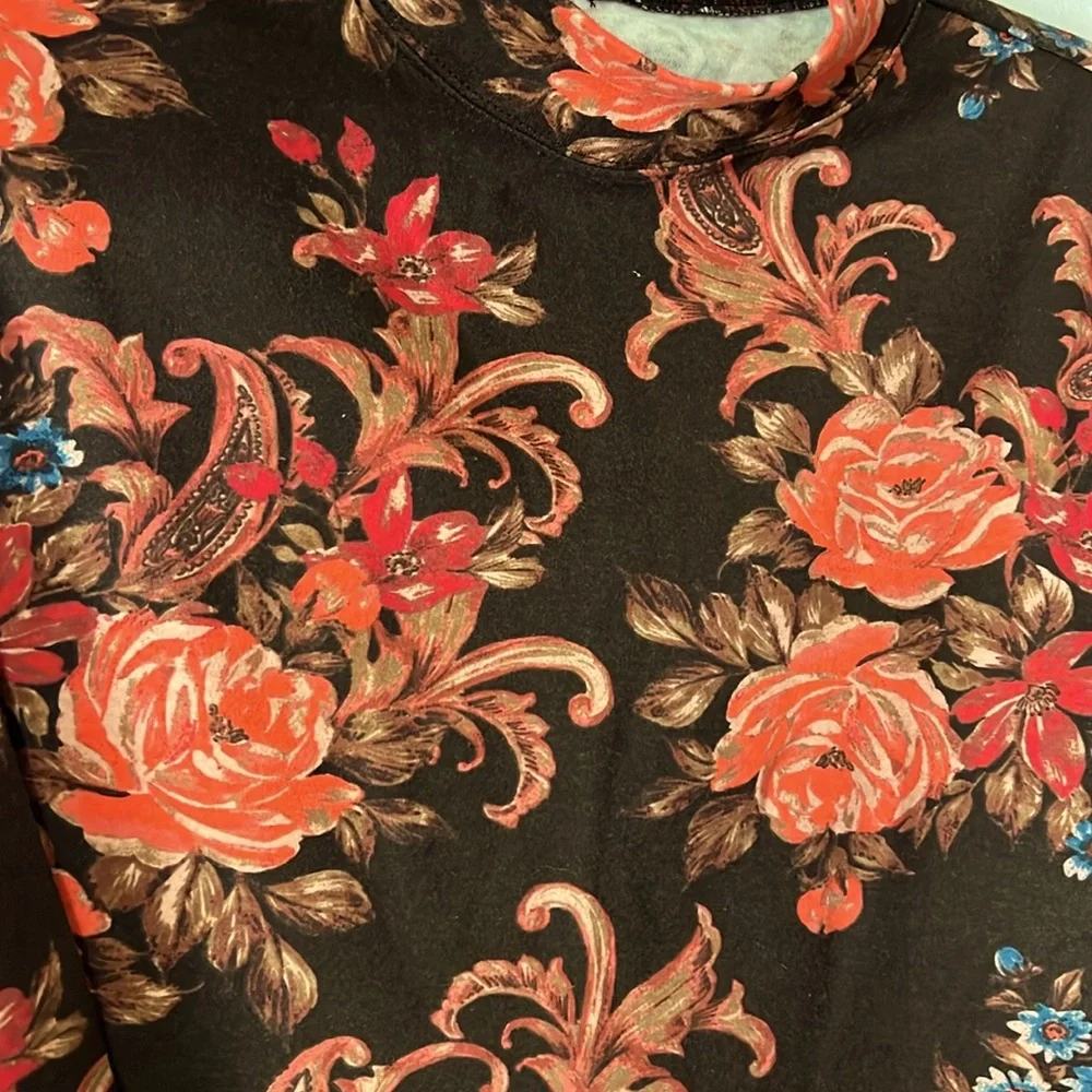 Vicki Wayne Vintage Mock Turtleneck Long Sleeve Brown Coral Tan Floral Top - Picture 3 of 4